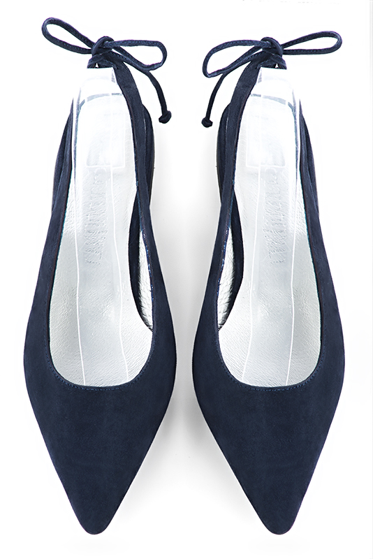 Navy blue women's slingback shoes. Pointed toe. Flat block heels. Top view - Florence KOOIJMAN